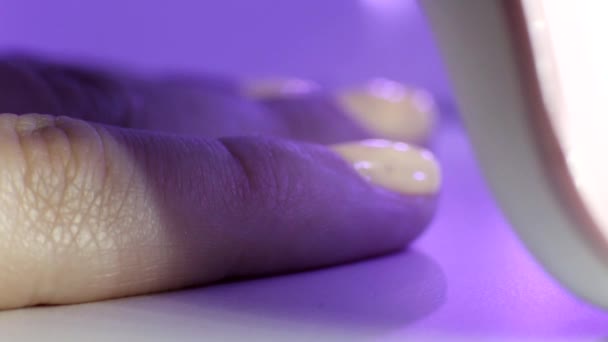 Девушка сушит гель на ногтях с помощью ультрафиолетовой лампы, макрос — стоковое видео