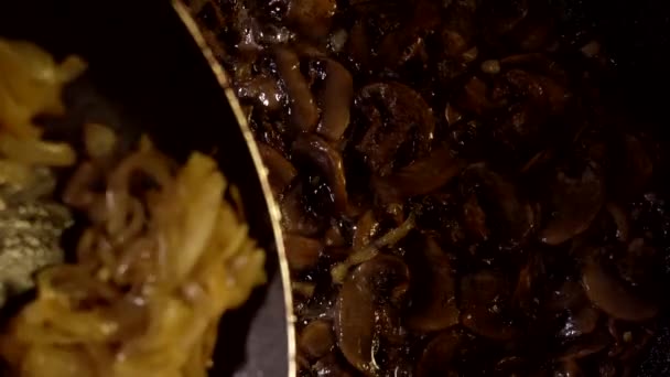 Roasting and cooking mushrooms champignons with onions, background — Stock Video