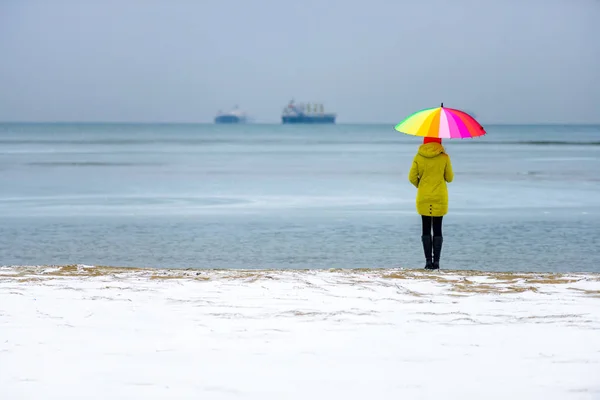 Paraguas brillante en la orilla del invierno — Foto de Stock