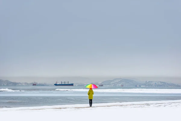 Paraguas brillante en la orilla del invierno — Foto de Stock