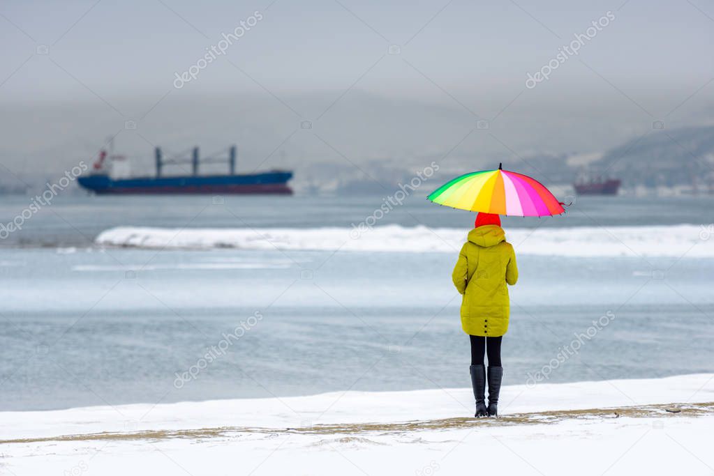 Bright umbrella on the winter shore