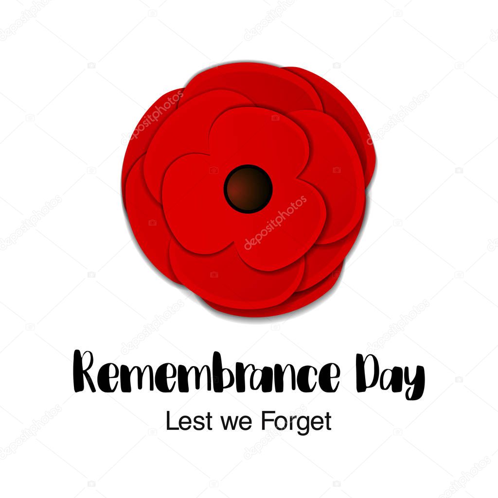 Remembrance Day vector card. Anzac Day. Paper cut Red Poppy flow