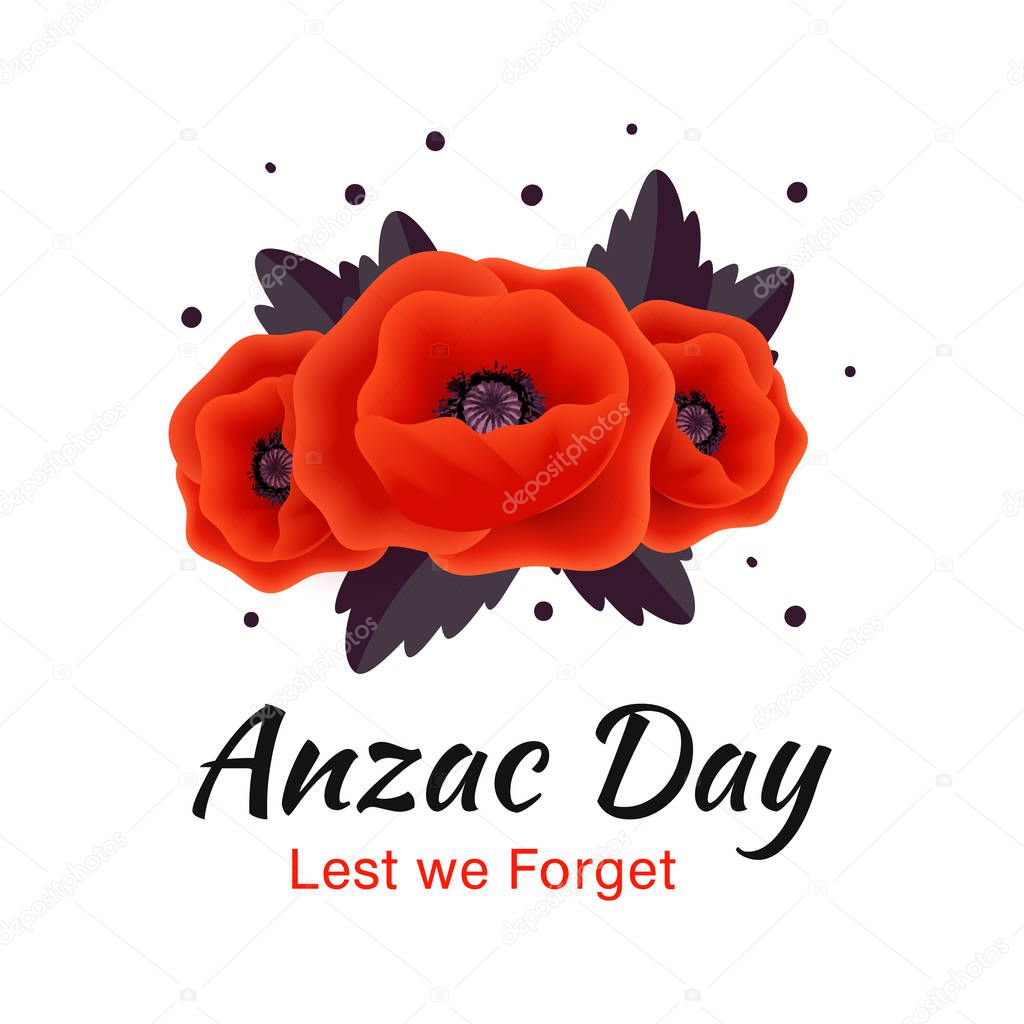 Anzac Day vector card. Red Poppy flower 