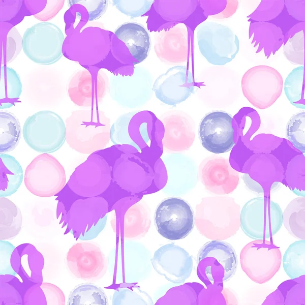 Nahtlose Flamingos Silhouettenmuster auf einem aquarell gepunkteten Bac — Stockvektor