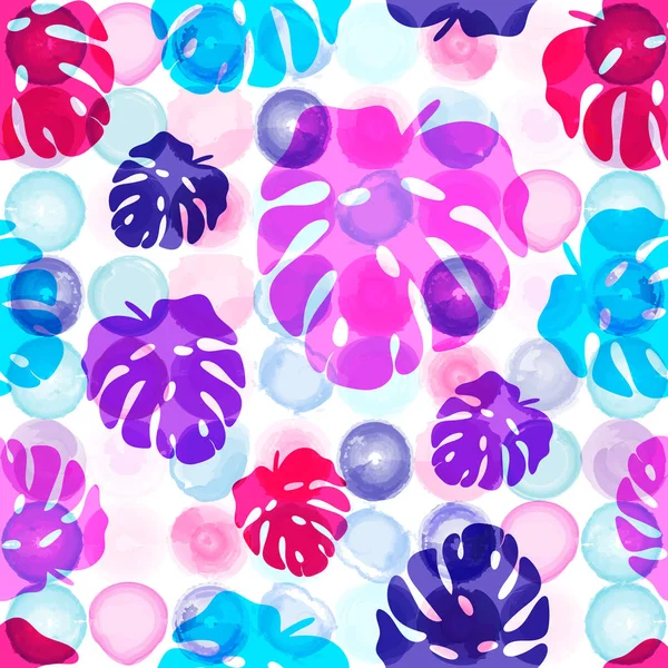 Modèle sans couture de feuilles tropicales sur l'aquarelle parsemée de bac — Image vectorielle