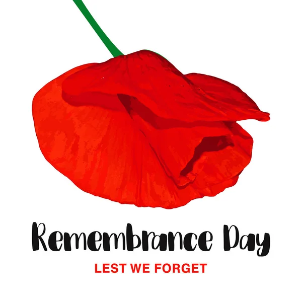 Remembrance Day vektorkort. Med mindre vi glemmer det. Realistiske røde valmueblomster – stockvektor