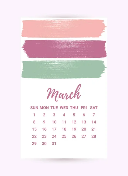 Vector Freehand Calendar 2020. Marzo mes. Plantilla creativa de diseño colorido con textura grunge de tinta desordenada. La semana comienza el domingo. Estilo minimalista monocromo — Vector de stock