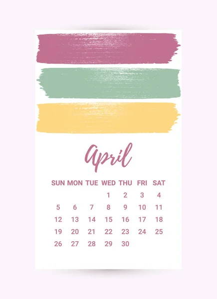 Vector Freehand Calendar 2020. Abril mes. Plantilla creativa de diseño colorido con textura grunge de tinta desordenada. La semana comienza el domingo. Estilo minimalista monocromo — Vector de stock