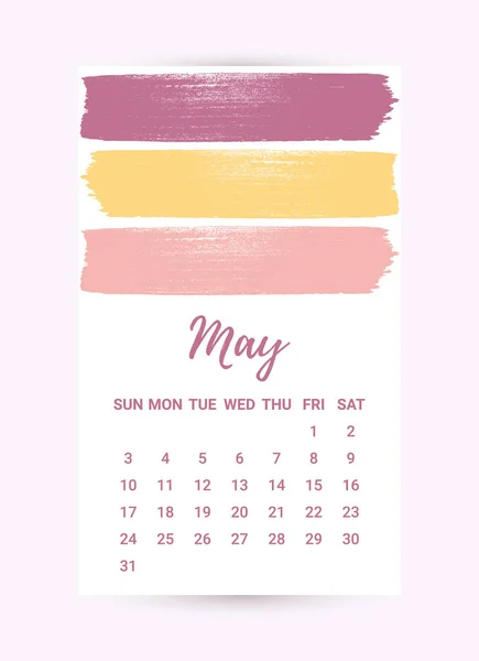 Vector Freehand Calendar 2020. Mayo mes. Plantilla creativa de diseño colorido con textura grunge de tinta desordenada. La semana comienza el domingo. Estilo minimalista monocromo — Vector de stock