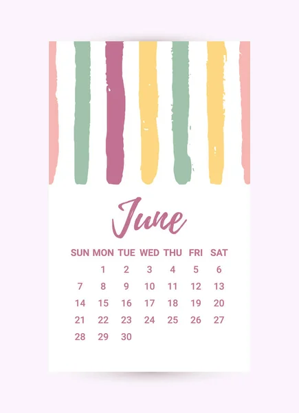 Vector Freehand Calendar 2020. June month. Creative colorful design template with messy ink grunge texture. Week starts Sunday. Monochrome minimal style — Stock Vector