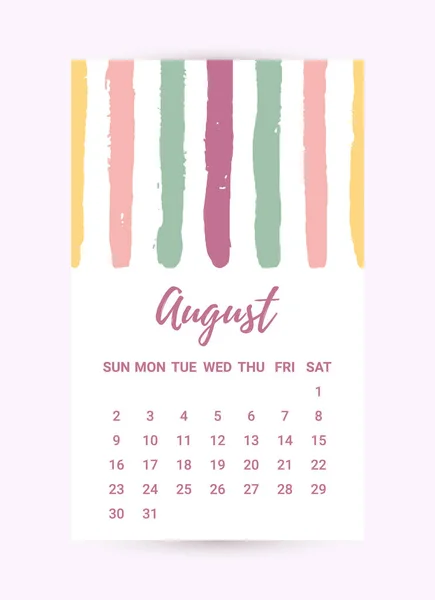 Vector Freehand Calendar 2020. Agosto mes. Plantilla creativa de diseño colorido con textura grunge de tinta desordenada. La semana comienza el domingo. Estilo minimalista monocromo — Vector de stock