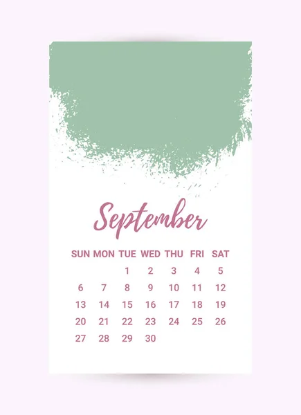 Vector Freehand Calendar 2020. Septiembre mes. Plantilla creativa de diseño colorido con textura grunge de tinta desordenada. La semana comienza el domingo. Estilo minimalista monocromo — Vector de stock