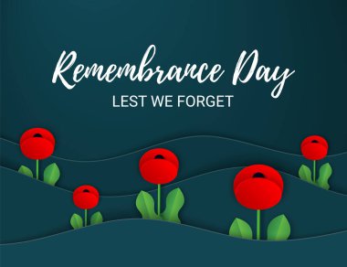 Unutmayalım diye taşıyıcı. Kırmızı Haşhaş Tarlası Anma Günü afişi. Papercut Poppy çiçek barış sembolü. Anzak, Memorial, gazi başlığı, kart, poster, broşür, davetiye. Askeri geçit töreni. Harf