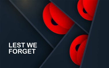 Siyah katmanlar vektör, yoksa kartı unuturuz. Kırmızı Haşhaş Tarlası Anma Günü afişi. Papercut Poppy çiçek barış sembolü. Anzak, Memorial, gazi başlığı. Askeri harfler.