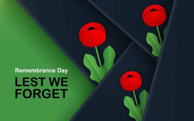 Unutmayalım diye taşıyıcı. Kırmızı Haşhaş Tarlası Anma Günü afişi. Papercut Poppy çiçek barış sembolü. Anzak, Memorial, gazi başlığı, kart, poster, broşür, davetiye. Askeri geçit töreni. Harf