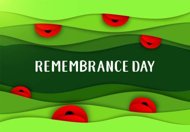 Unutmayalım diye taşıyıcı. Kırmızı Haşhaş Tarlası Anma Günü afişi. Papercut Poppy çiçek barış sembolü. Anzak, Memorial, gazi başlığı, kart, poster, broşür, davetiye. Askeri geçit töreni. Harf