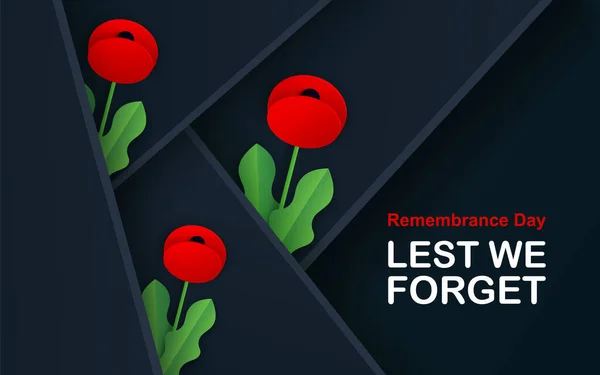 Vector para que no nos olvidemos. Craft Red Poppies Field Remembrance Day banner. Símbolo de paz flor de amapola cortada en papel. Anzac, Memorial, encabezado de veterano, tarjeta, póster, volante, invitación. Desfile militar. Cartas — Vector de stock