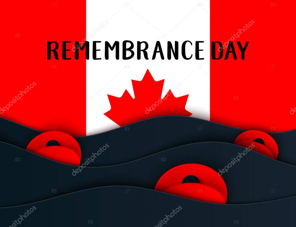 Vector Remembrance Day web layers banner. Canadian Red Poppy flower symbol of Peace. Anzac, Memorial, Veterans Day header, card, poster, flyer, invitation. Military parade