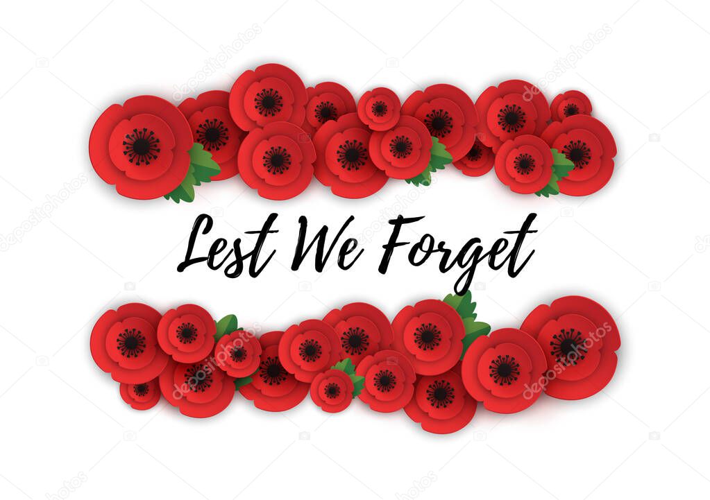 Remembrance, Anzac Day web header. Poppies flowers. Memorial banner, card.