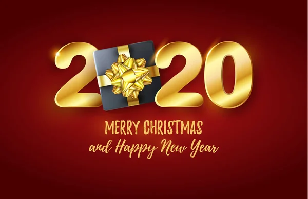 Zlatý text vektoru 3d2020. Šik Veselé Vánoce a šťastný Nový rok banner s dárkové krabice na červeném obalu. Lesklé rozvržení pro vánoční dovolenou — Stockový vektor