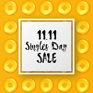 Vector Singles Day Sale banner with Chinese Coin frame. 11th November Shopping Festival discount flyer. Chinese promotional poster. 3D Oriental money. Social media layout, greeting card clipart