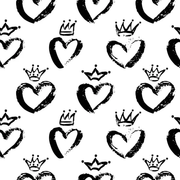 Vektor nahtlose Muster von Kronen und Herzen. chaotische Baby-Prinzessin und Prinz Krone, Herz für Kinderzimmer, Kinderdekor drucken, Sammelalbum. lineare Doodle-Kunst auf weißem Hintergrund — Stockvektor