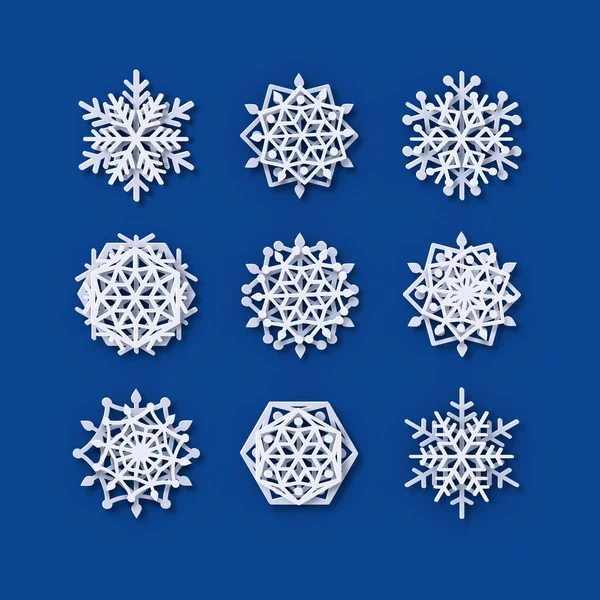 Colección de copos de nieve vectoriales. Papel Copo de nieve formas. Simétrico Papercut silueta de copo de nieve aislado en azul. Iconos de decoración temática invierno clima. Navidad generada digitalmente, impresión de Noel Vector De Stock