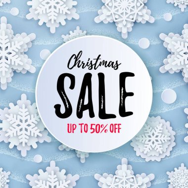 Vector Eps Noel indirimi 50 indirimli poster. Mavi üzerine kağıt kesiği Noel kar taneleri deseni. Makale, alışveriş satışı, kupon, ekleme, anlaşmalar için sezonluk kelepir reklam