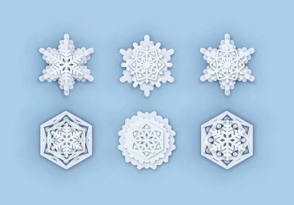 Kolekcja płatków śniegu wektora. Papierowe kształty płatków śniegu. Symetryczna sylwetka płatka śniegu Papercut odizolowana na niebiesko. Zimowa pogoda motyw dekoracji ikony. Cyfrowo generowane Boże Narodzenie, Noel print — Wektor stockowy