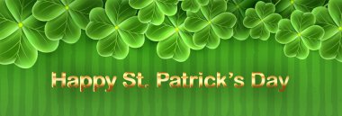 Yonca yaprağı San Patricks Günü kartı. Shamrock çim duvar kağıdı. Yatay tatil afişi. Şanslı İrlandalı çiçek doku çizgili. İskoç süsleme.