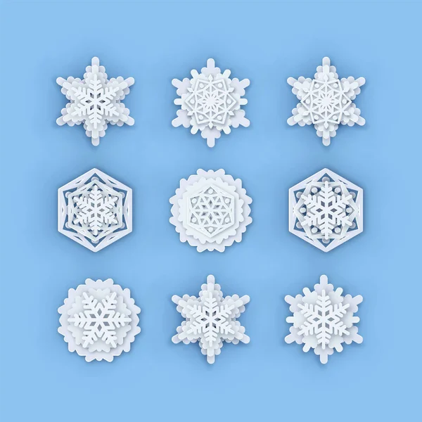 Vektorhópelyhek gyűjteménye. Papír hópihe alakú. Szimmetrikus Papercut hópehely sziluett elszigetelt kék. Téli időjárás téma dekoráció ikonok. Digitálisan generált karácsony, Noel print — Stock Vector