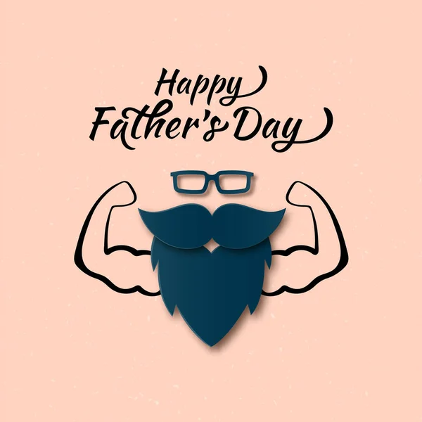 Vector Cool Happy Fathers Day Papercut gratulationskort med muskel man. Män glasögon, mustasch, skägg lager papper konst platt stil. Söt far gåva på din blogg, webbplats. — Stock vektor