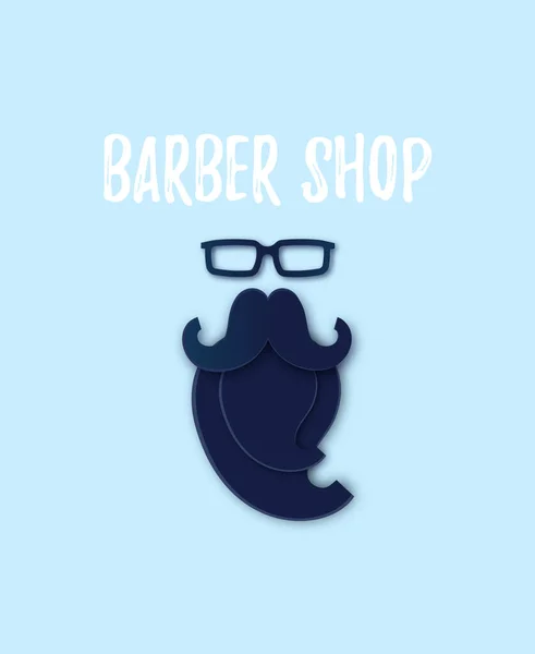 Vector Modern Barber Shop Logo en papel. Gafas de hombre, bigote y silueta de barba. Papel estratificado de arte de estilo plano. Linda caricatura Padres Día Tarjeta para el blog, sitio web, añadir — Vector de stock