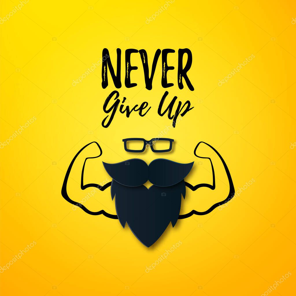 Never give up Motivational quote on yellow layout with biceps muscle, men Glasses, Mustache, Beard. Bodybuilder arms sign. For fitness club, gym. Fathers Day gift. Layered Vector Papercut flat style
