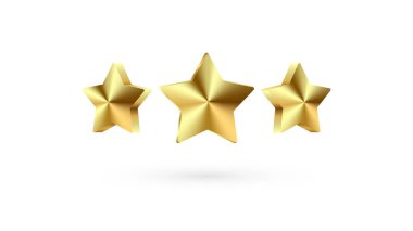 Üç Yıldızlı Vektör kümesi. Ganimet 3D yıldız ikonu. Tatil için tasarım unsurları, ui oyunu, ödül töreni, liderlik sembolleri