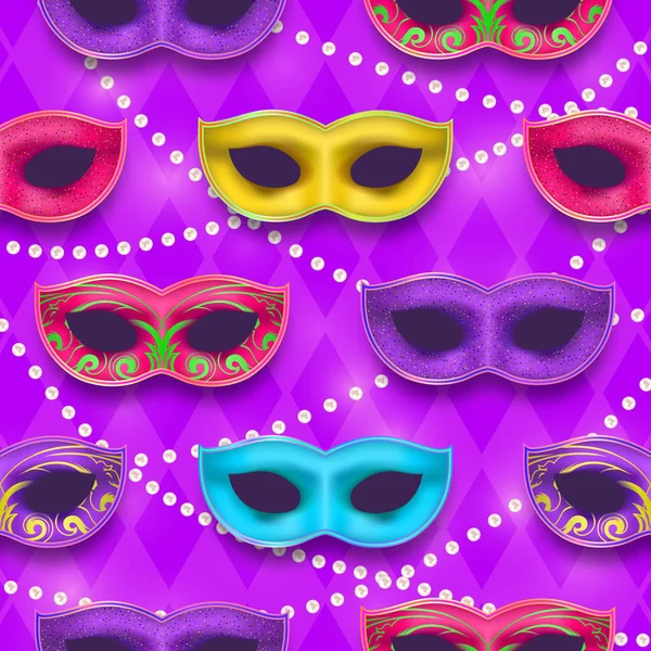 Patrón sin fin del Mardi Gras. Máscara de Carnaval Veneciana pintada. Enmascarada decoración de fiesta realista con confeti — Vector de stock