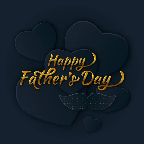 Vector Happy Fathers Day Papercut banner. Guld Bokstäver, Halftone Mustache och papper svart Hjärtan — Stock vektor