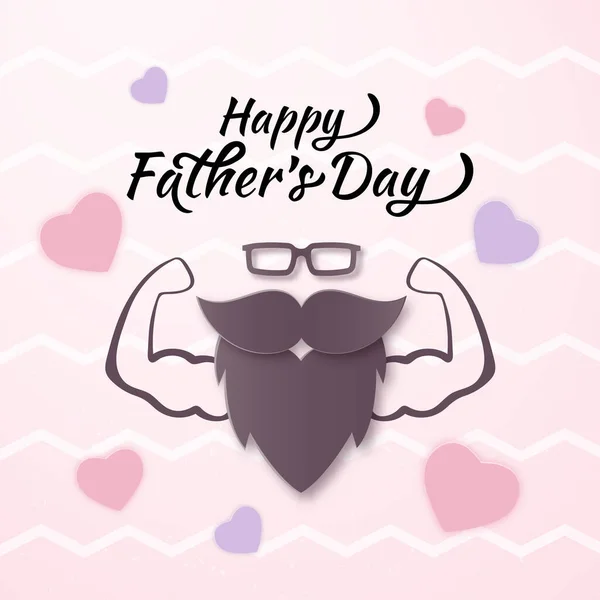 Vector Cool Happy Fathers Day banner med muskelmannen, Papercut Pink Heart. Man glasögon, mustasch, skägg lager papper konst platt stil. Far gåva på din blogg, webb. — Stock vektor