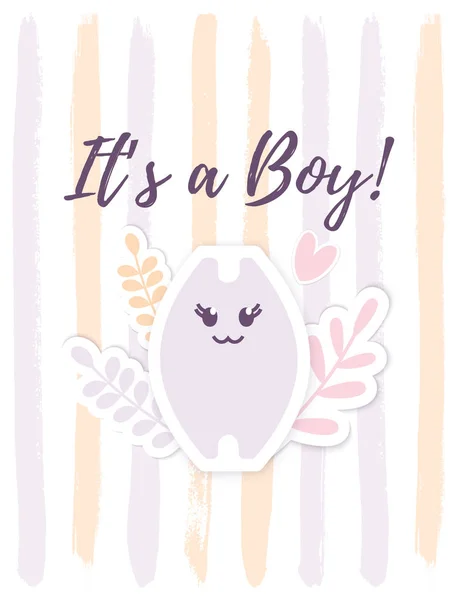 Vector Es una tarjeta Boy con un pequeño gato y elementos florales. Tarjeta de anuncio divertida Baby Bath. Es una letra Boy. Decoración infantil para niños. Fiesta infantil felicitación postal . — Archivo Imágenes Vectoriales