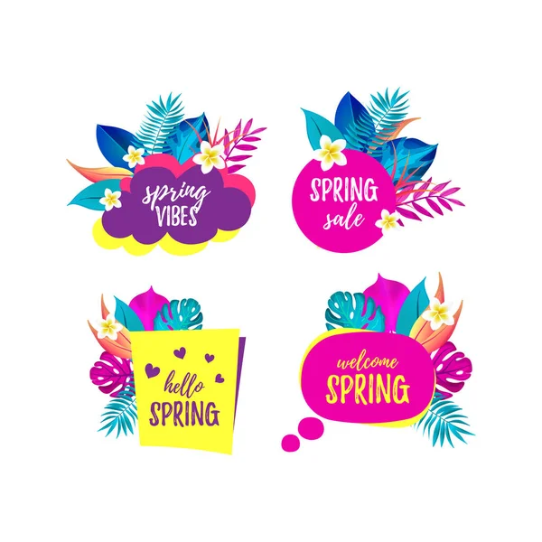 Conjunto de vetores de Hello Spring, Spring Vibes, Sale, Welcome Spring 3D speech bubble. Banner realista com folhas de palma rosa e flor spa. Falando bolha em diferentes formas Vetores De Bancos De Imagens