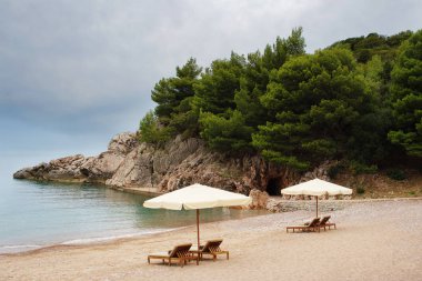 Kasvetli ve huzurlu boş plaj orman, rock ve mağara ile arka plan üzerinde