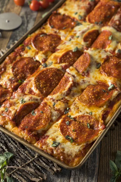 Homemade Pepperoni Sicilian Pan Pizza — Stock Photo, Image