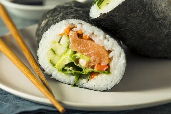 Raw Homemade Salmon Sushi Burrito — Stock Photo, Image