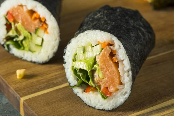 Raw Homemade Salmon Sushi Burrito — Stock Photo, Image