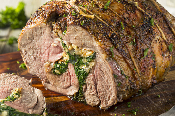 Roasted Stuffed Leg of Lamb with Spinach and Pine Nuts