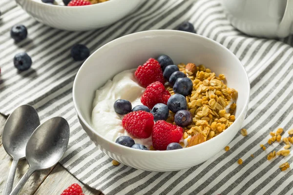 Gesunder griechischer Bio-Joghurt mit Müsli und Beeren — Stockfoto