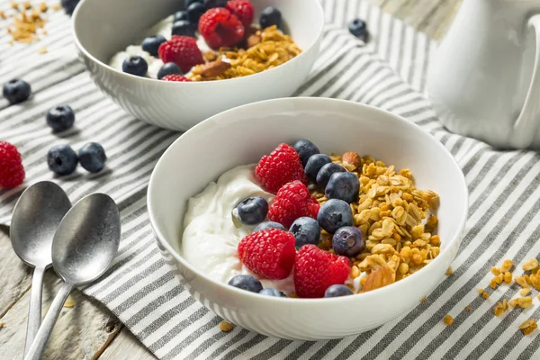 Здоровый органический греческий йогурт с гранолой и ягодами — стоковое фото