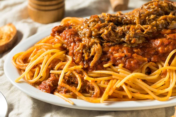 Caseiro puxado porco churrasco espaguete — Fotografia de Stock