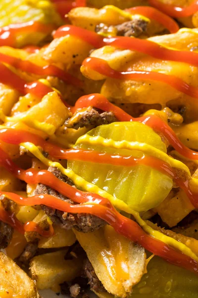 Homemade Loaded Cheeseburger Cheese Fries Pickles Ketchup — Stock Photo, Image