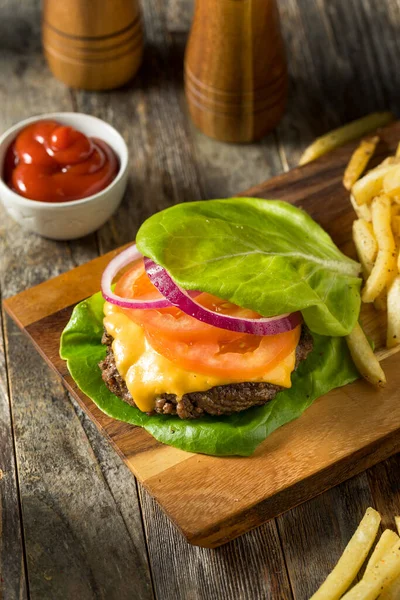 Healthy Hamburger Lettuce Bun Cheese Fries — Stock Photo, Image